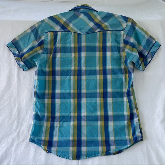 True Rock Mens short sleeve blue/yellow button up plaid shirt, size Large - Picture 7 of 9